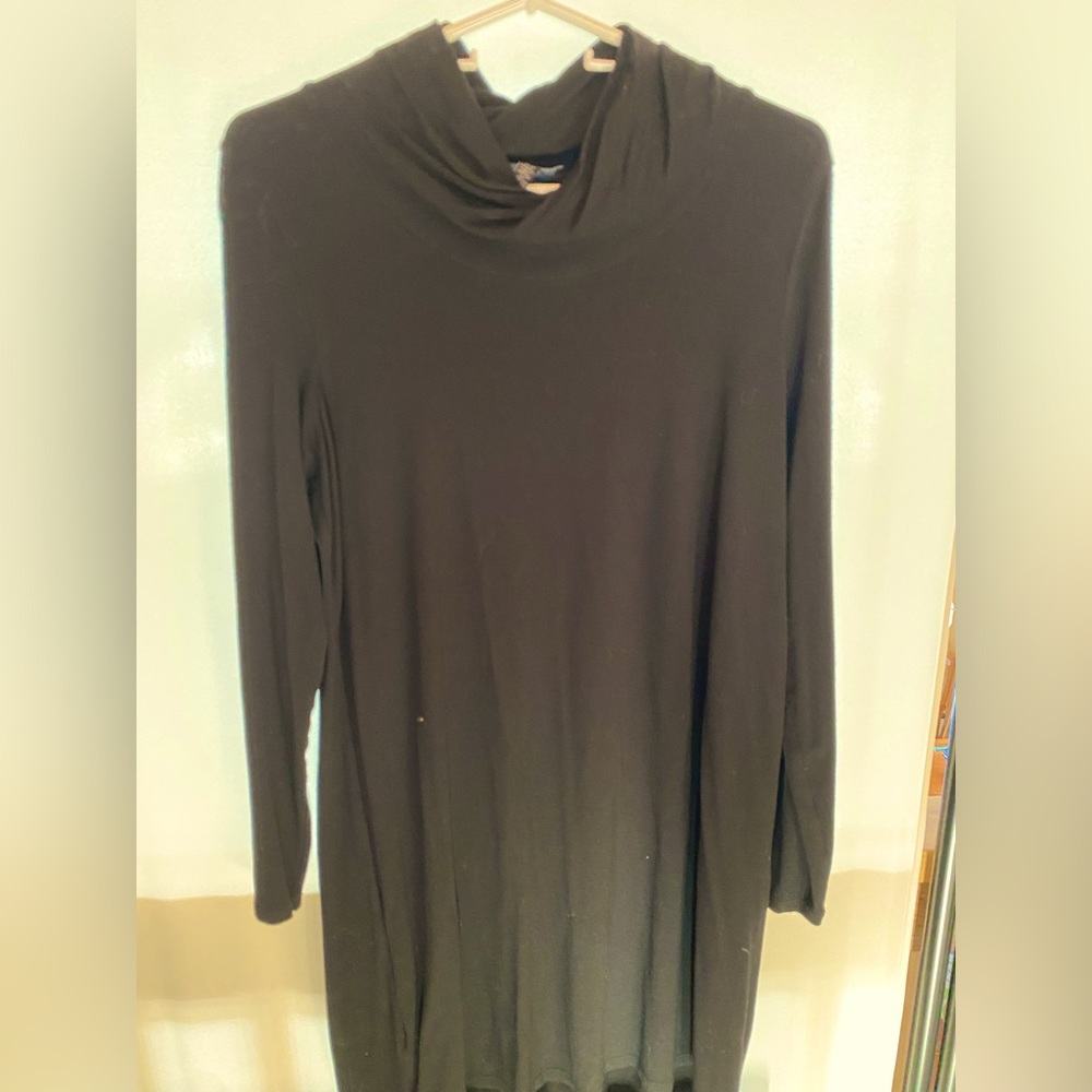 Eileen Fisher black cowl neck jersey dress.